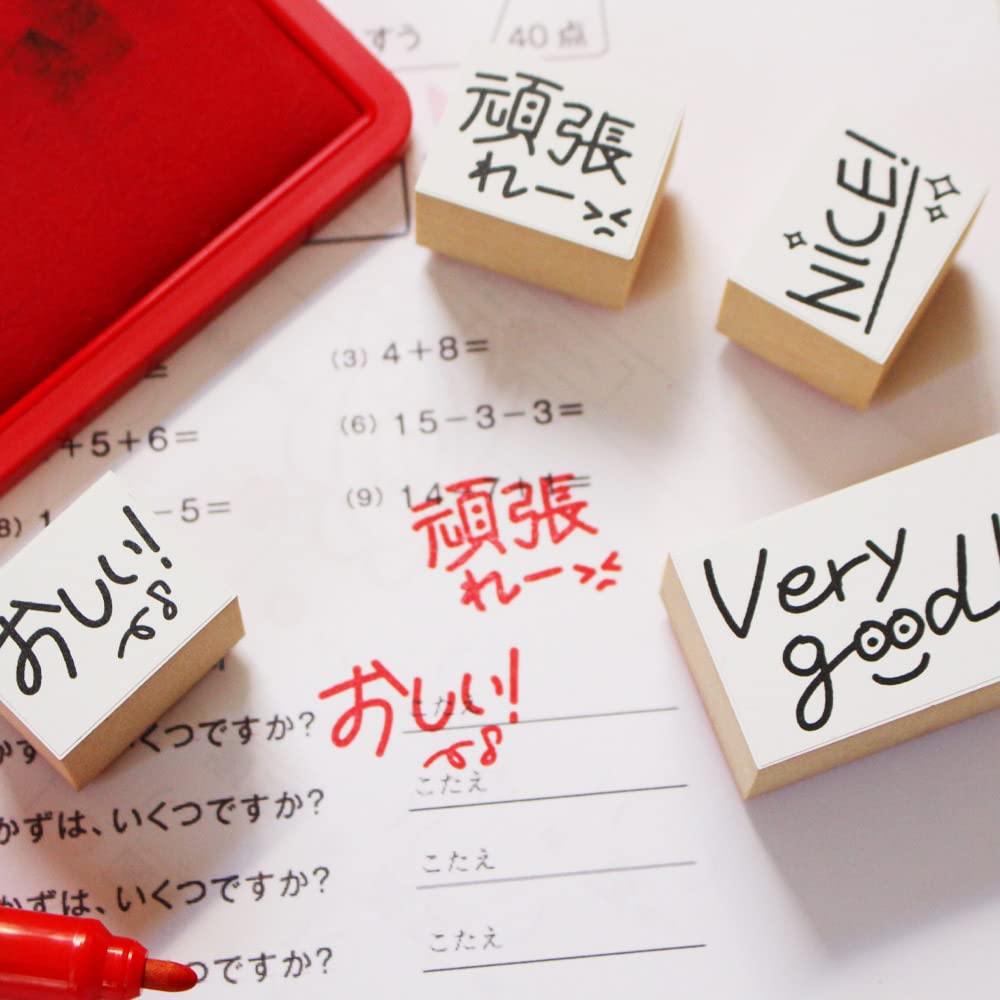 Cute Test Hanamaru Red Wooden Rubber Stamp Made in Japan Stamps, Grading, Teacher, Pen, Reward, Set, Gift, (#41)