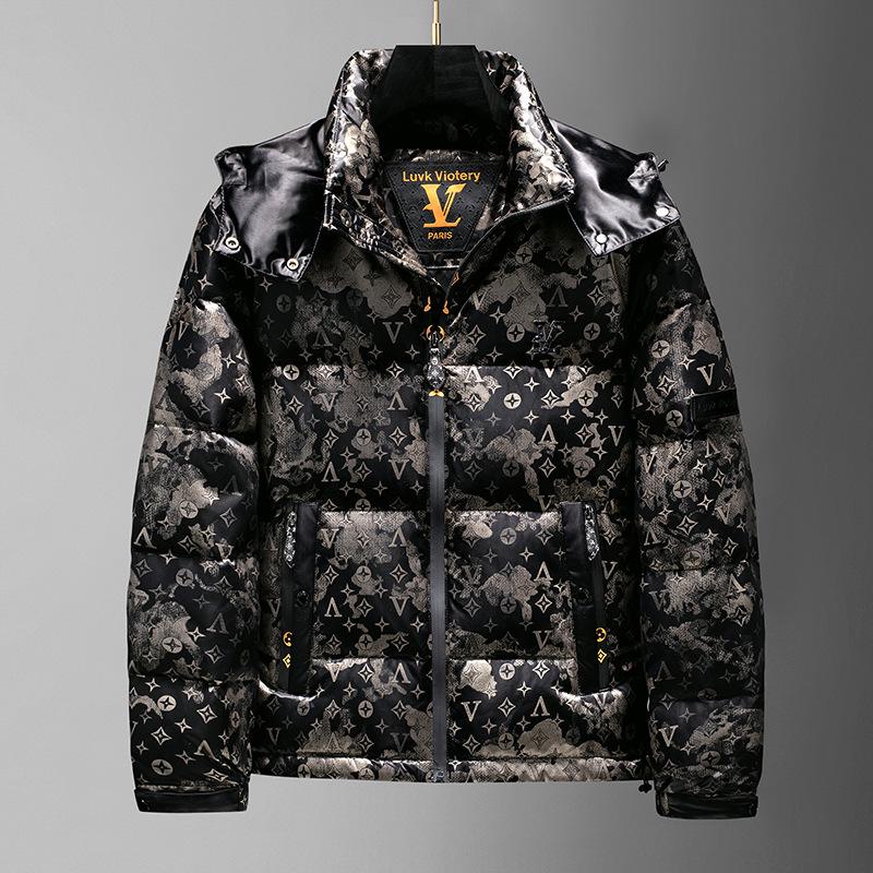 

European Style 2024 Men s Hooded Down Jacket - Warm Full Print White Duck Down Winter Outerwear L чорний