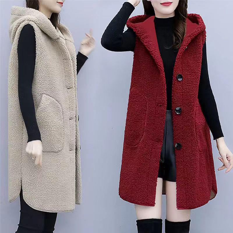 

Plus Size Lambswool 2026 Hooded Vest - Autumn/Winter Trendy Mid-Length Outerwear 4XL абрикосовий
