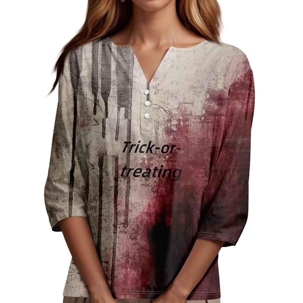 Damesmode Casual Halloween Print V-hals Korte Mouw Decoratieve Knop Driekwart Mouw T-shirt Top