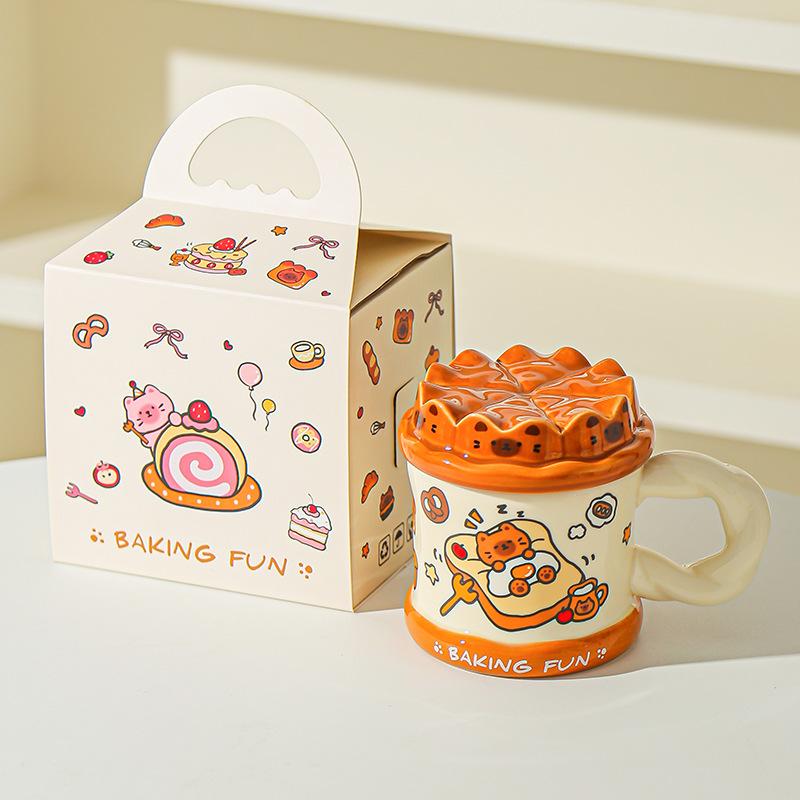 Hand drawn Birthday Cake Cute Cat Mug Office High Looking Girl Water Cup with Lid Home Couple Ceramic Cup