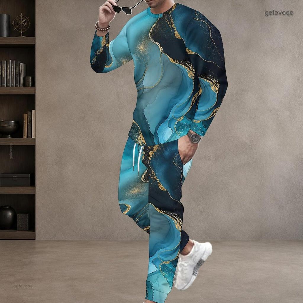 Men Plus Size Round Neck Long Sleeve Printed Blue Gold Two Piece Pants Set