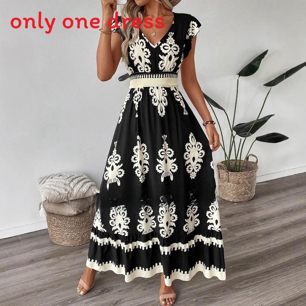 Polyester Beach Dress With 3d Print Vneck High Waist For Summer Vacation