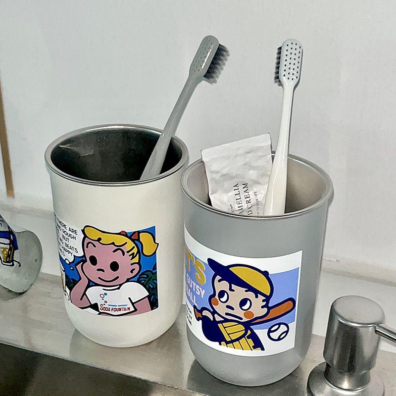 Harada Osamu Children's Cute Cartoon Toothbrush Holder Set - Stainless Steel, Creative Couple Rinsing Cups