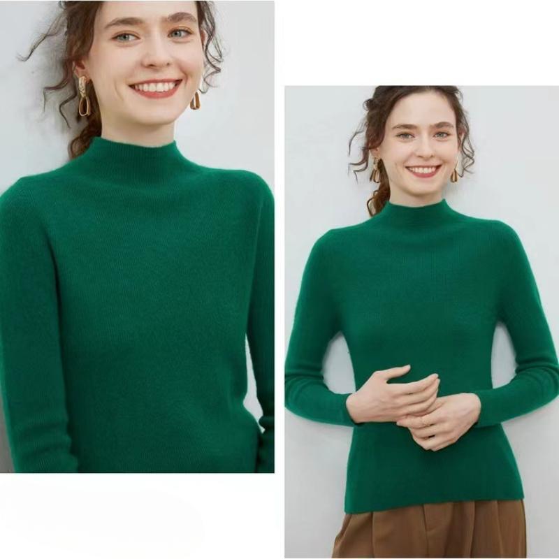 IHUASU Women's Semi-high Neck Wool Sweater Women 100% Pure Wool Slim Cashmere Knitting Bottoming Tight Inner Jumper