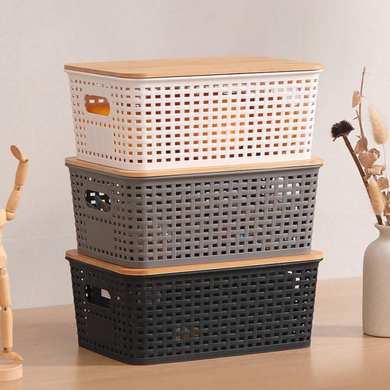 6-Piece Plastic Storage Basket With Bamboo Lid, Stackable Storage Basket Storage Box, Suitable For Home, Office, Game Room