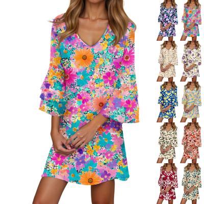 Women's Casual Fashion Floral Print V-Neck Loose 3/4 Sleeve Dress