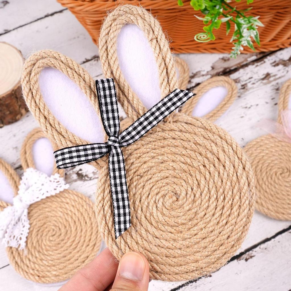 Coasters Set Easter Bunny Rope Coasters 4pcs Cute Rabbit Heat Straw-woven Coaster For Easter Party Coffee Table Decoration