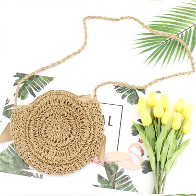 Sommer Stroh Strandtasche Schleife Damen Umhängetaschen Runde Taschen mit Schleife