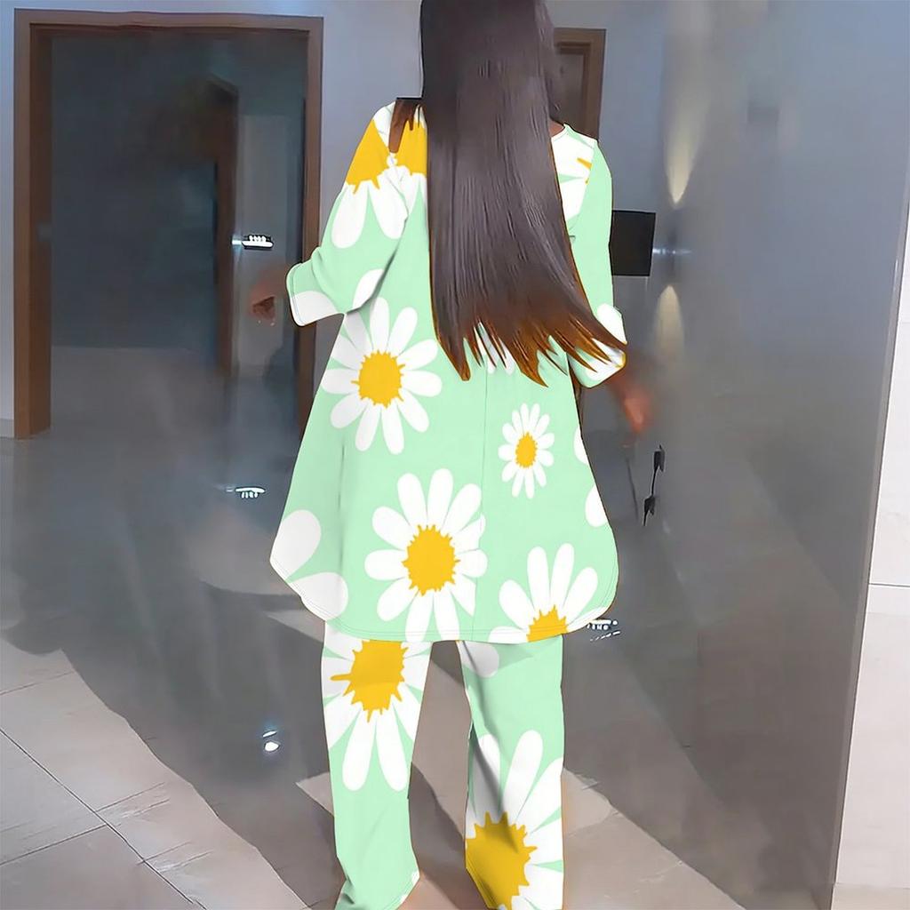 Women Plus Size Three Quarter Sleeve Round Neck Irregular Hem Printed Top Wide Leg Pants Two Piece Set