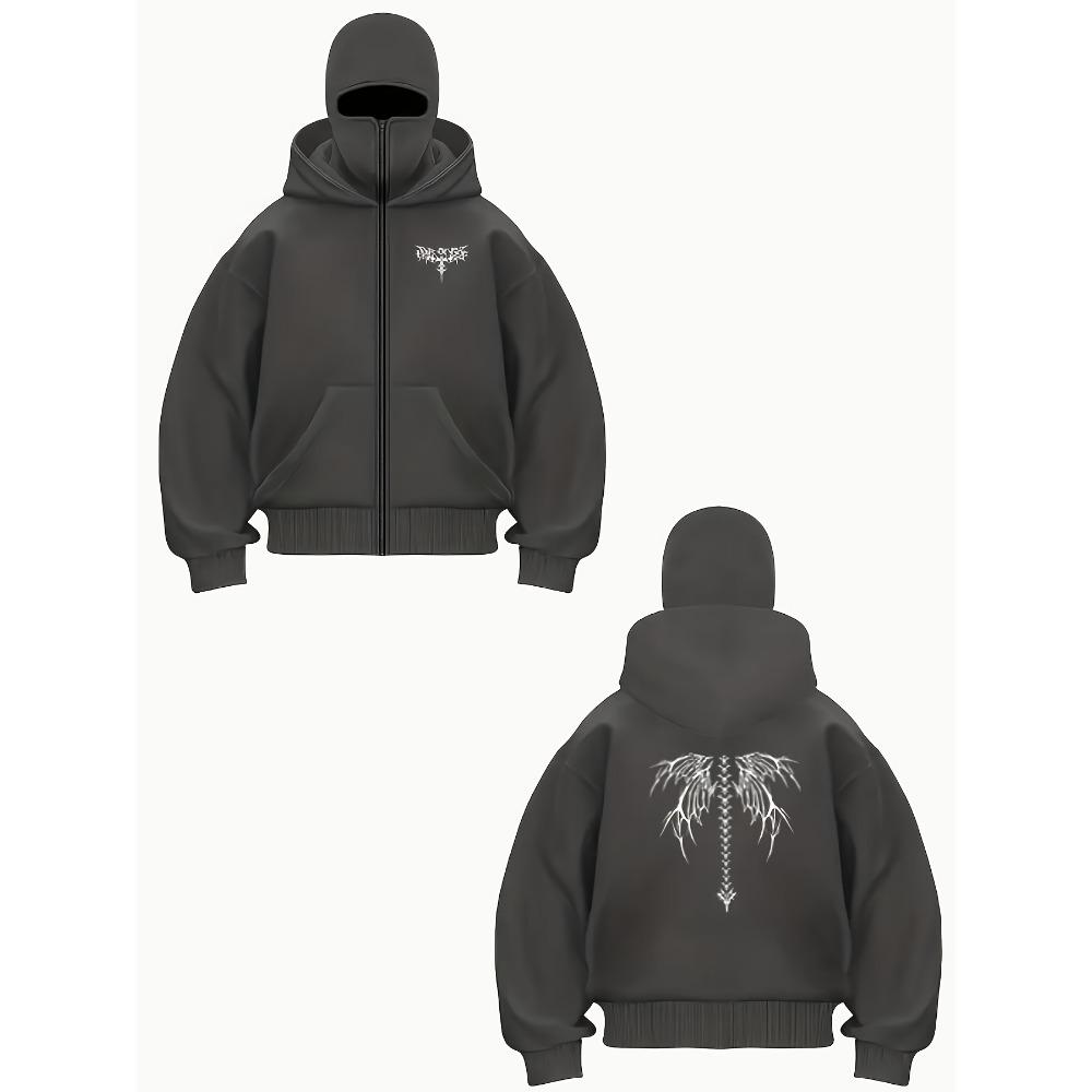 Y2k Gothic Bone Dragon Print Hooded Sweatshirt Unisex Casual Pullover with Front Zipper Machine