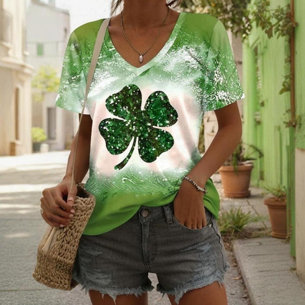 Damen T-Shirt Sommer lässig Outdoor V-Ausschnitt Bluse kurzärmlig Bedrucktes Muster vielseitig Übergröße locker bequem kurz