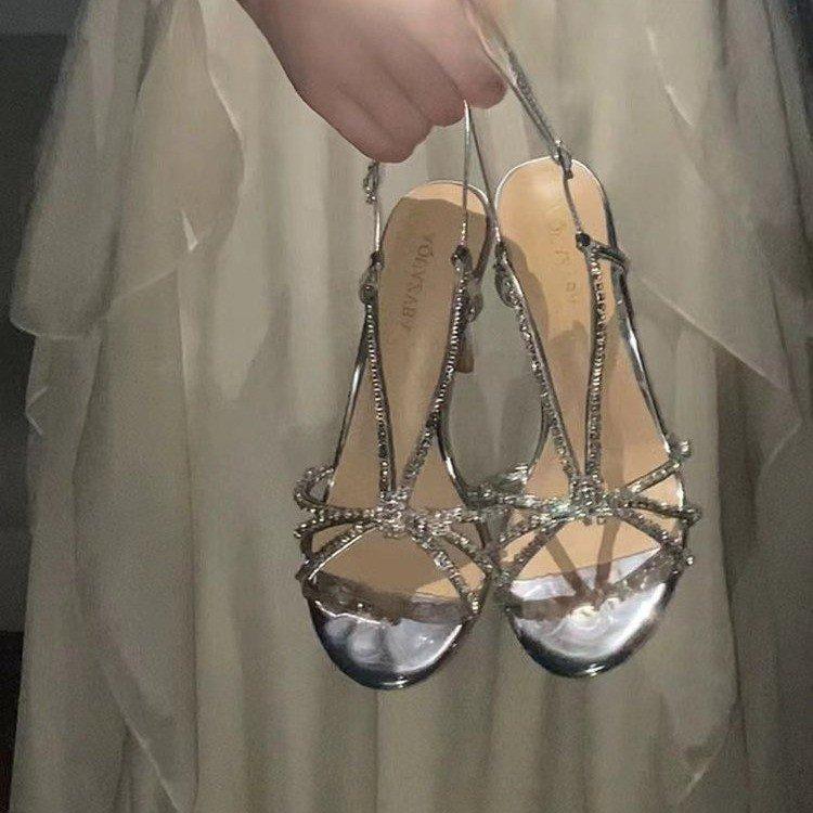 

МОЙ БОГ!! Красивые~~ Мисс дочь туфли на высоком каблуке сексуальные босоножки со стразами новые 2025 41 серебряный