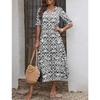 Women's V Neck Floral Print Short Sleeve Tassel Tie Loose Fit Maxi A-Line Dress