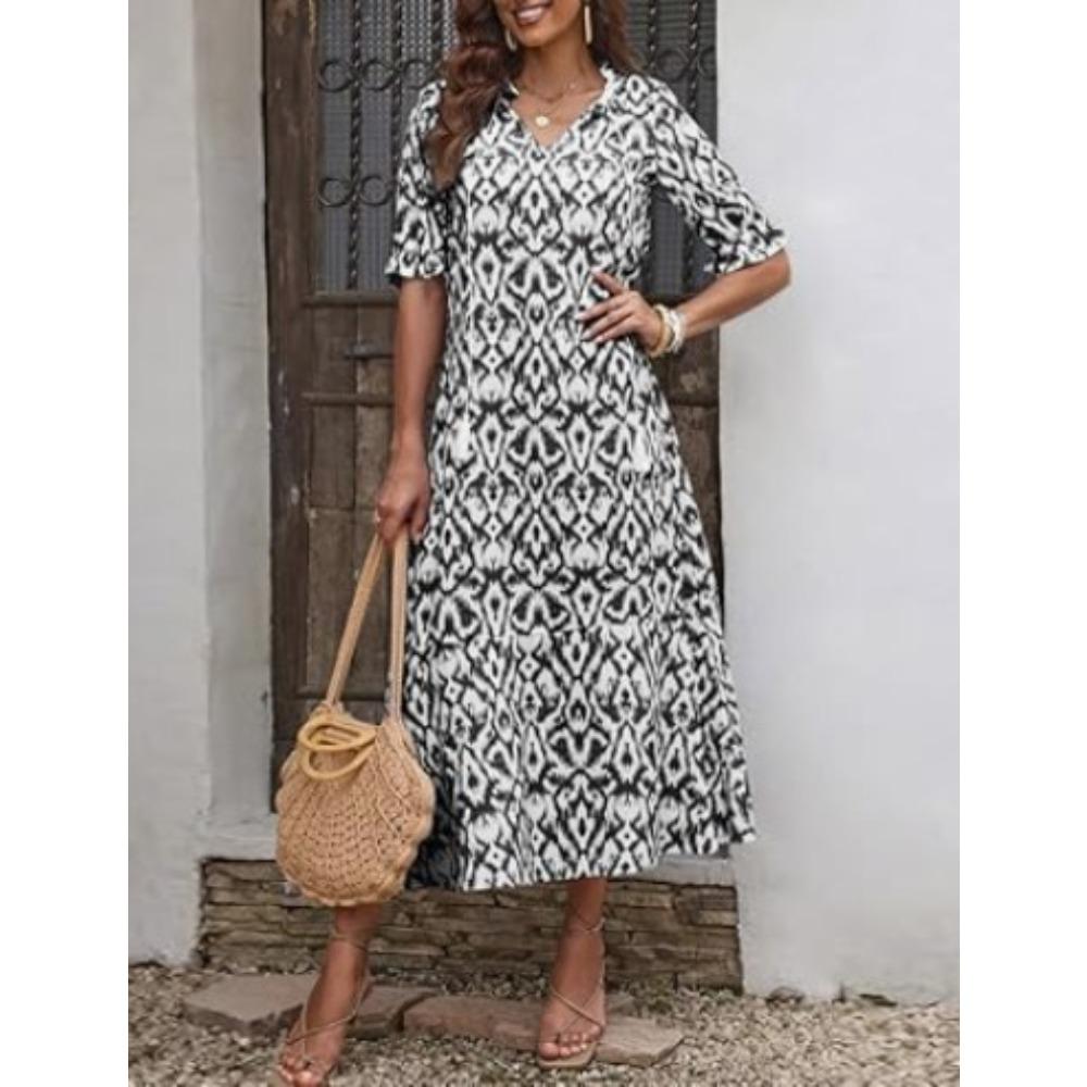 Women's V Neck Floral Print Short Sleeve Tassel Tie Loose Fit Maxi A-Line Dress