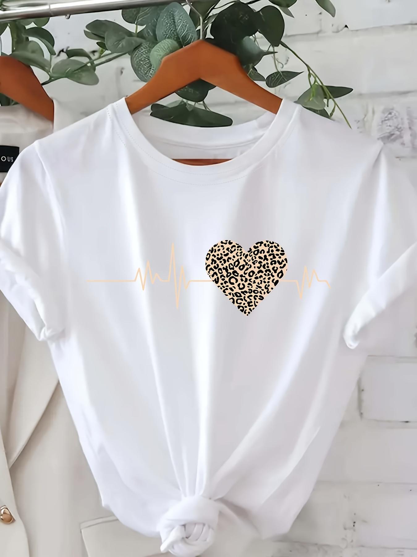 

Women S Casual Crew Neck Short Sleeve T-Shirt with Leopard Heart Print Casual Wear Leopard Print Top Ladies T Shirts S