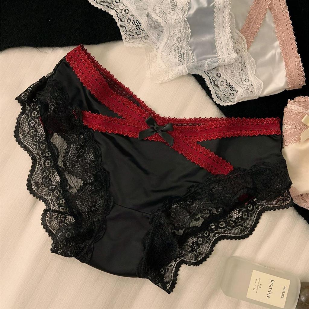 Jiao Wan Sheng Xiang Fransk Satinsnörning Mellanhöga Damtrosor: Andningsbara, Sexiga, Trosor med gren i ren bomull