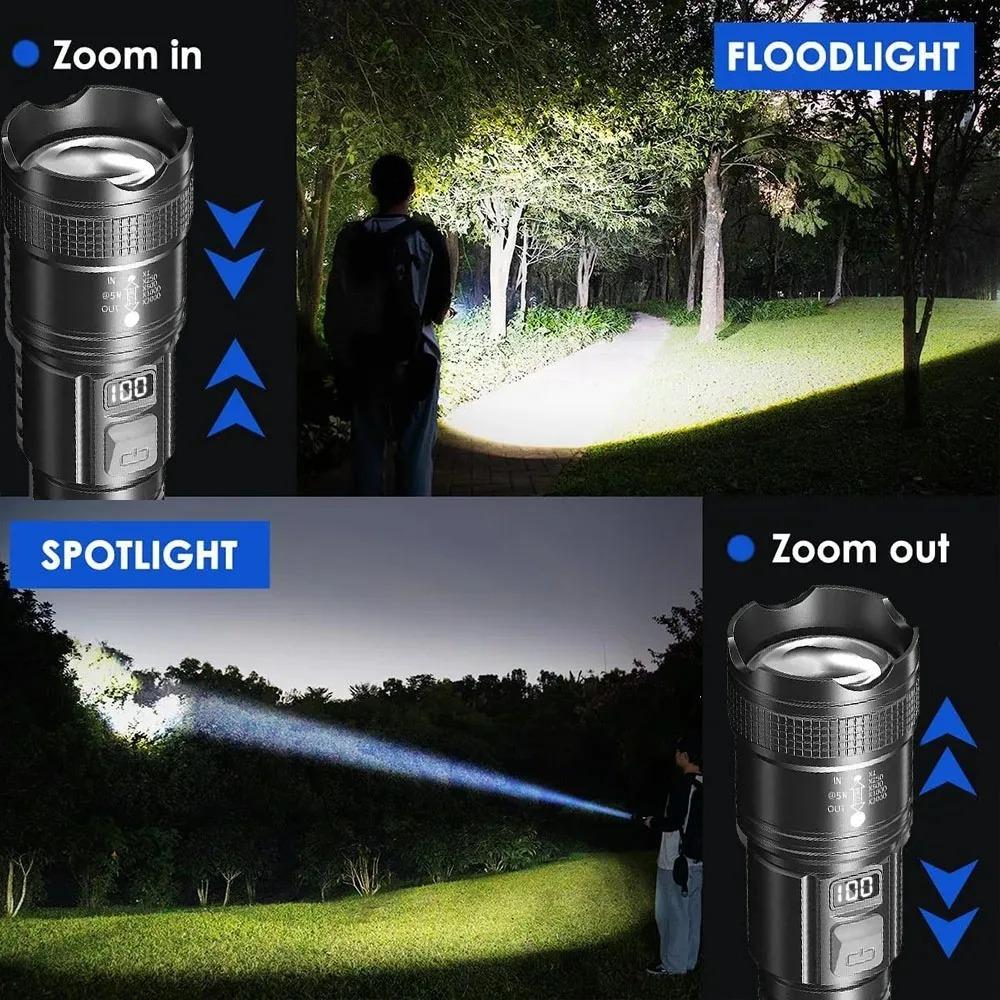 Super Bright Rechargeable LED Flashlight Digital Display Portable Waterproof Tactical Torch for Camping Hiking Emergency Lantern