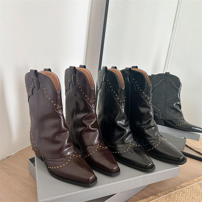 Fashion New Autumn Winter Split Leather Women Boots Fashion Rivet Western Boots for Women Mid-calf Boots Shoes Chunky Heel Botines Mujer