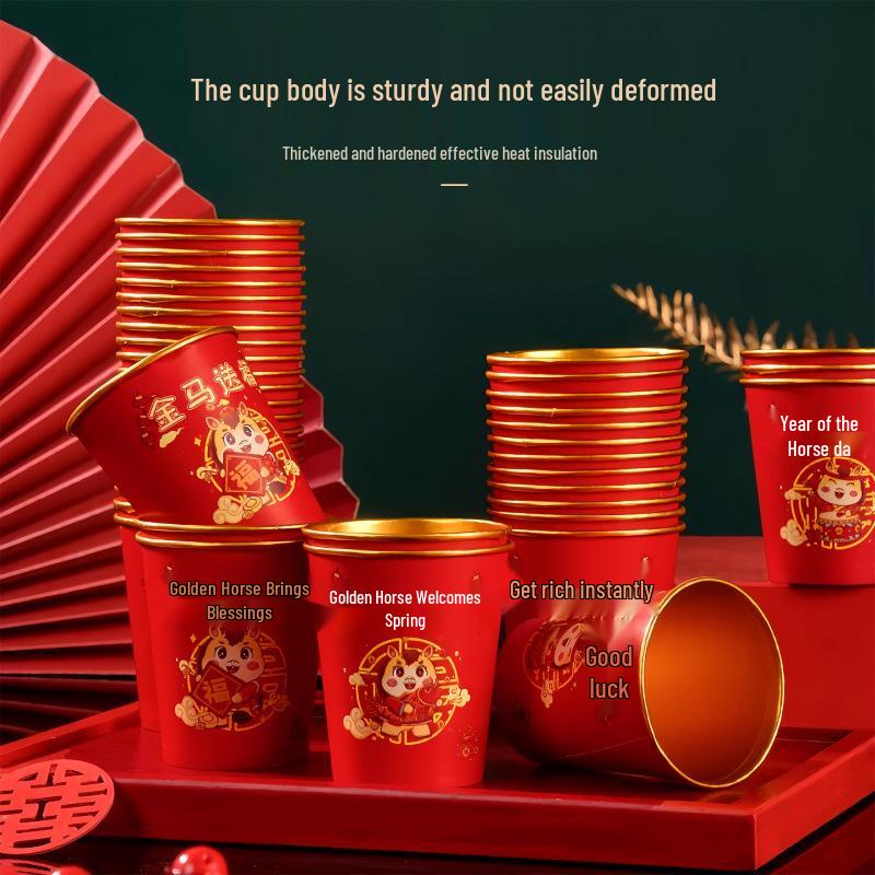 2026 Year of the Horse Red & Gold Foil Disposable New Year Cups - Thick, Anti-Scald, High-Temp Resistant Paper Cups for Spring Festival.