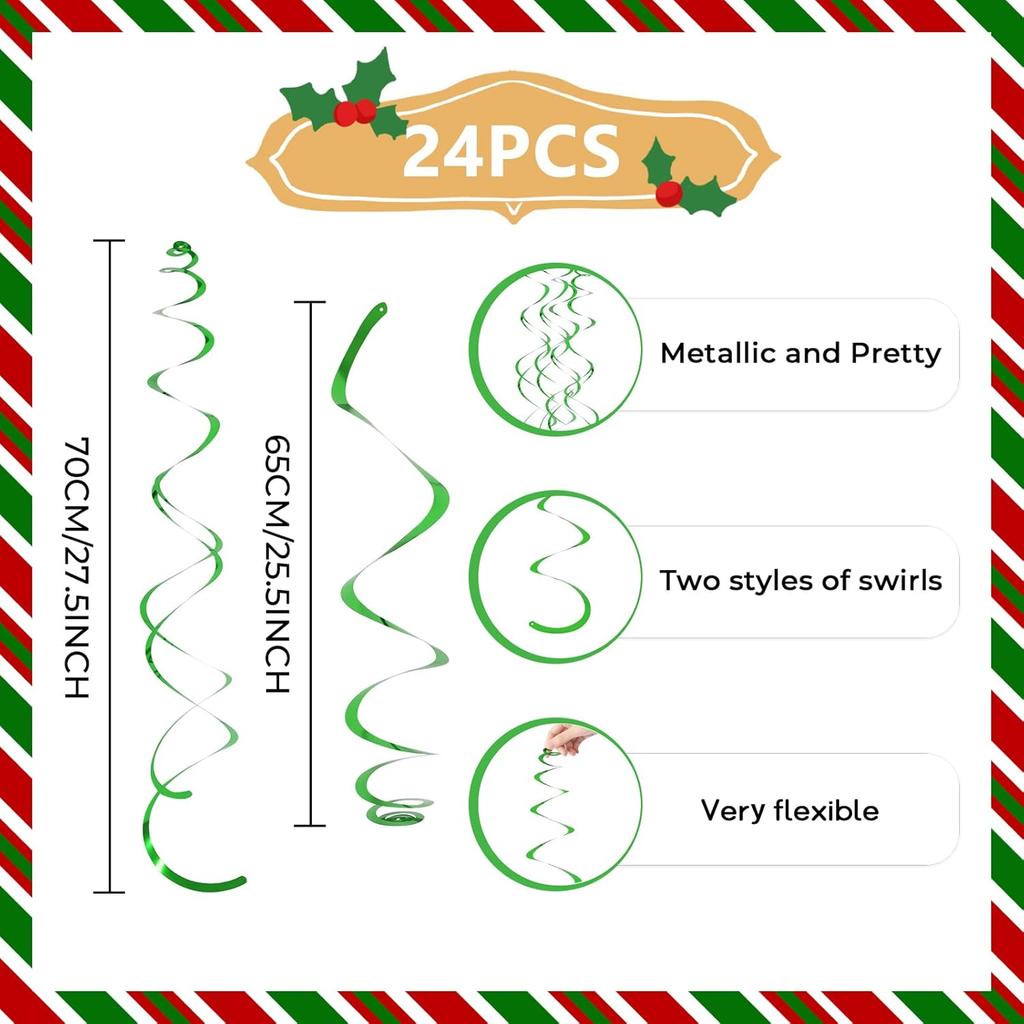 24 PCS Green Hanging Swirl, Sparkle Ceiling Hanging Decorations, Plastic Streamer Party Decorations with Double-Swirls and Single-Swirls for Birthday