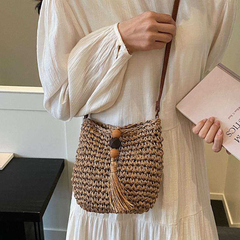 Yogodlns Women Handmade Straw Woven Small Saddle Bag Fashion Crossbody Shoulder Bag Ladies Simple Design Summer Travel Beach Bag