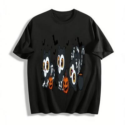 Halloween Cute Skeleton Cat Print Top Funny Pumpkin Bat Festival Vibe Casual T-shirt For Adults & Kids Pure Cotton T-shirt