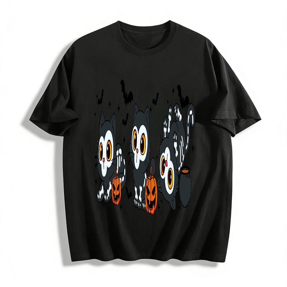 

Halloween Cute Skeleton Cat Print Top Funny Pumpkin Bat Festival Vibe Casual T-shirt For Adults & Kids Pure cotton T-shirt XXS