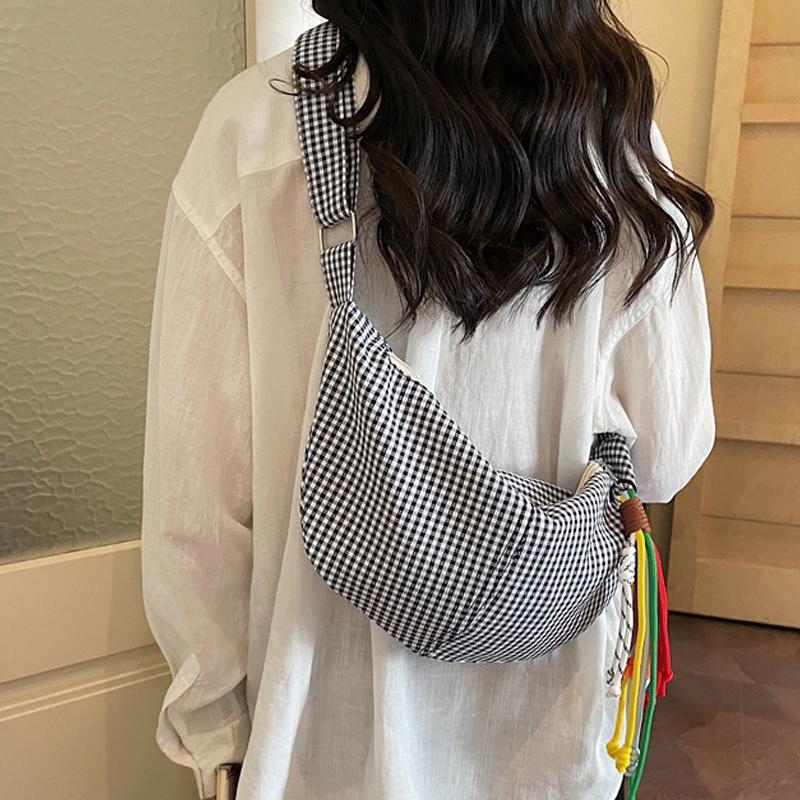 Simple Plaid Canvas Shoulder Bag Large Capacity Casual Crossbody Dumpling Shopping Bag Student Commute Niche Style