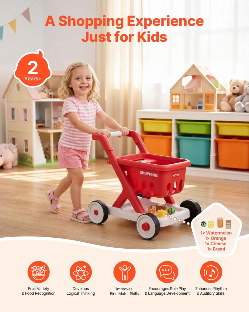VEVOR Scan & Sort Kids Shopping Cart, for Kids 2+, Toy Shopping Cart with Pretend Food, Lights & Sound