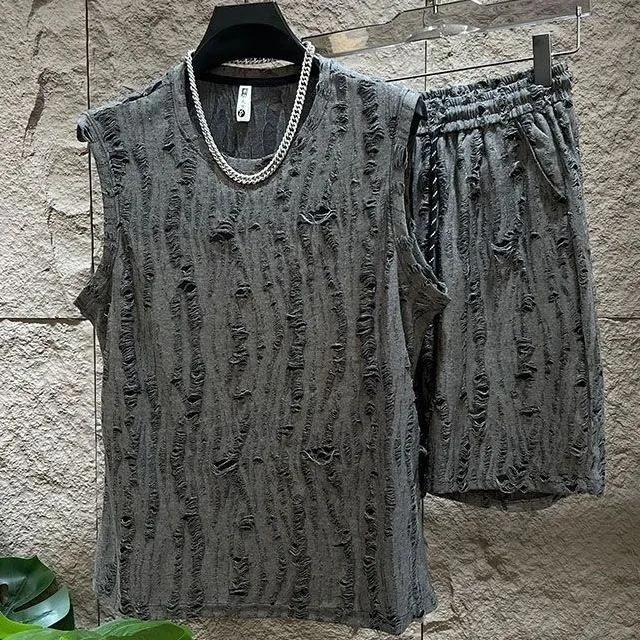 Мужской летний однотонный комплект: Комплект из двух предметов: футболка без рукавов с круглым вырезом + шорты S серый