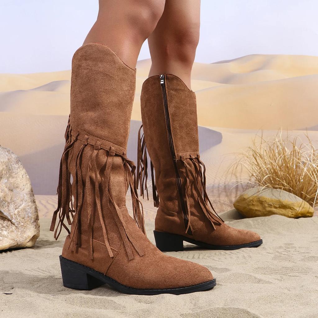Fashion Women Shoes Bohemian Outdoor Mid-calf Boots Women 2024 New Winter Fashion Faux Suede Ethnic Tassel Woman Boots Botas De Mujer
