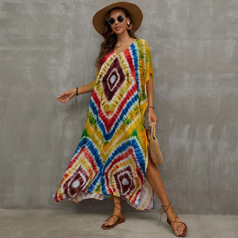 

EDOLYNSA 2023 кафтан-туника пляжное платье макси в полоску с принтом галстук-краситель бикини с v-образным вырезом купальный костюм накидки кафтаны для женщин Q1464