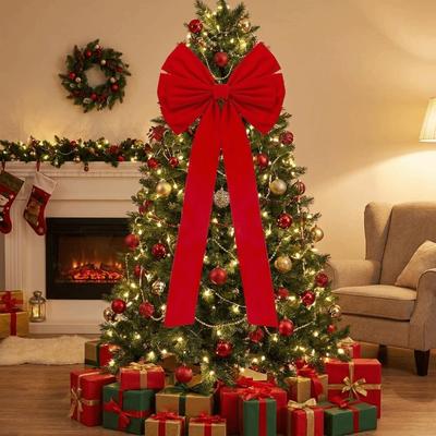 Xmas Tree Decor Large Size Christmas Bow Red Velvet Long Streamers Giant Bow Ornament Elegant Vintage Tree Topper Bow Front Door