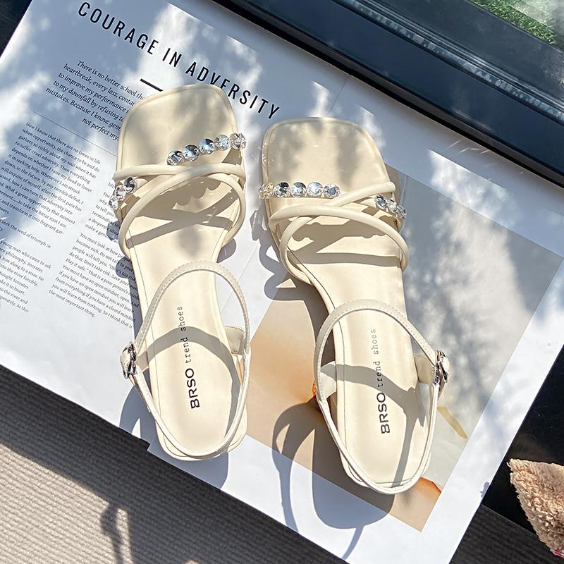 Letní Nové Dámské Sandály na Vysokém Podpatku Francouzský Styl Kamínky Vílí Vzduch Plážové Boty Trendy Jednopáskové Římský Styl Plážové Sandály