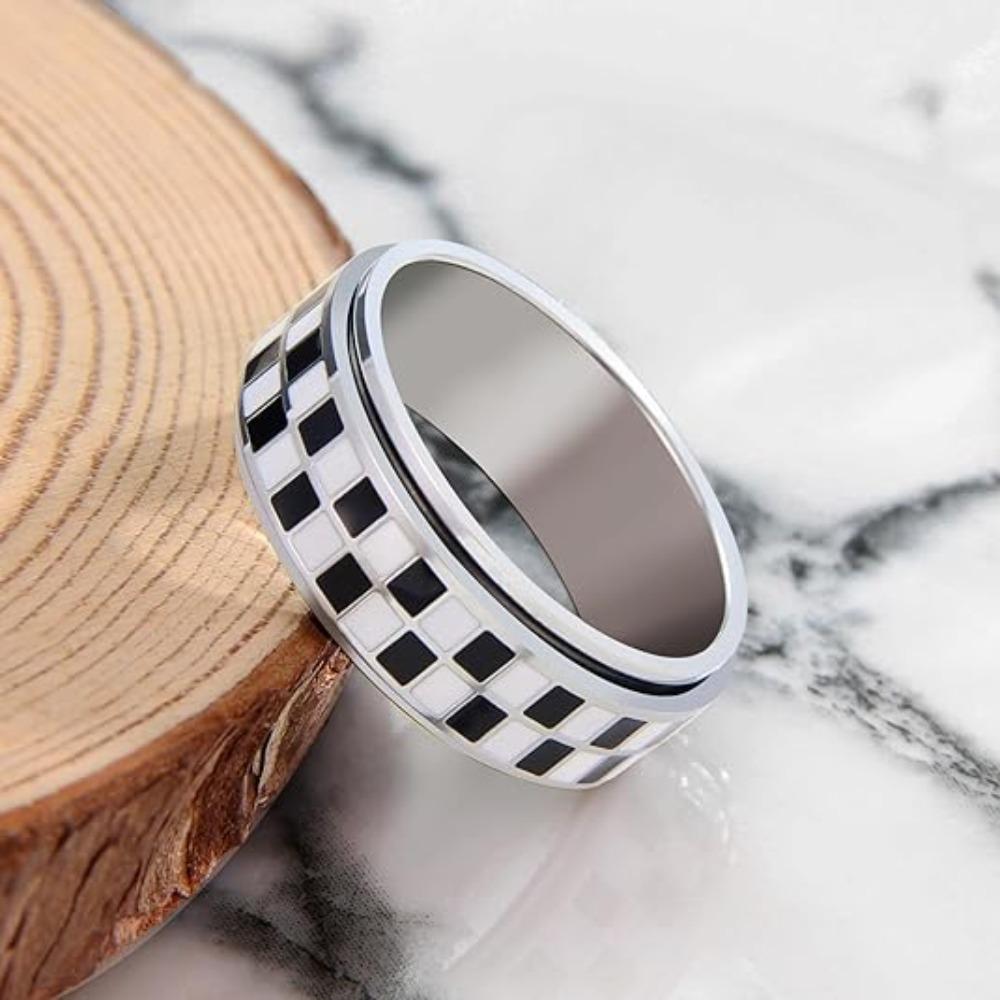 Stainless Steel Checkered Fidget Spinners Rings Black and White Checkerboard Rotate Ring for Stress Relief Spinner Jewelry