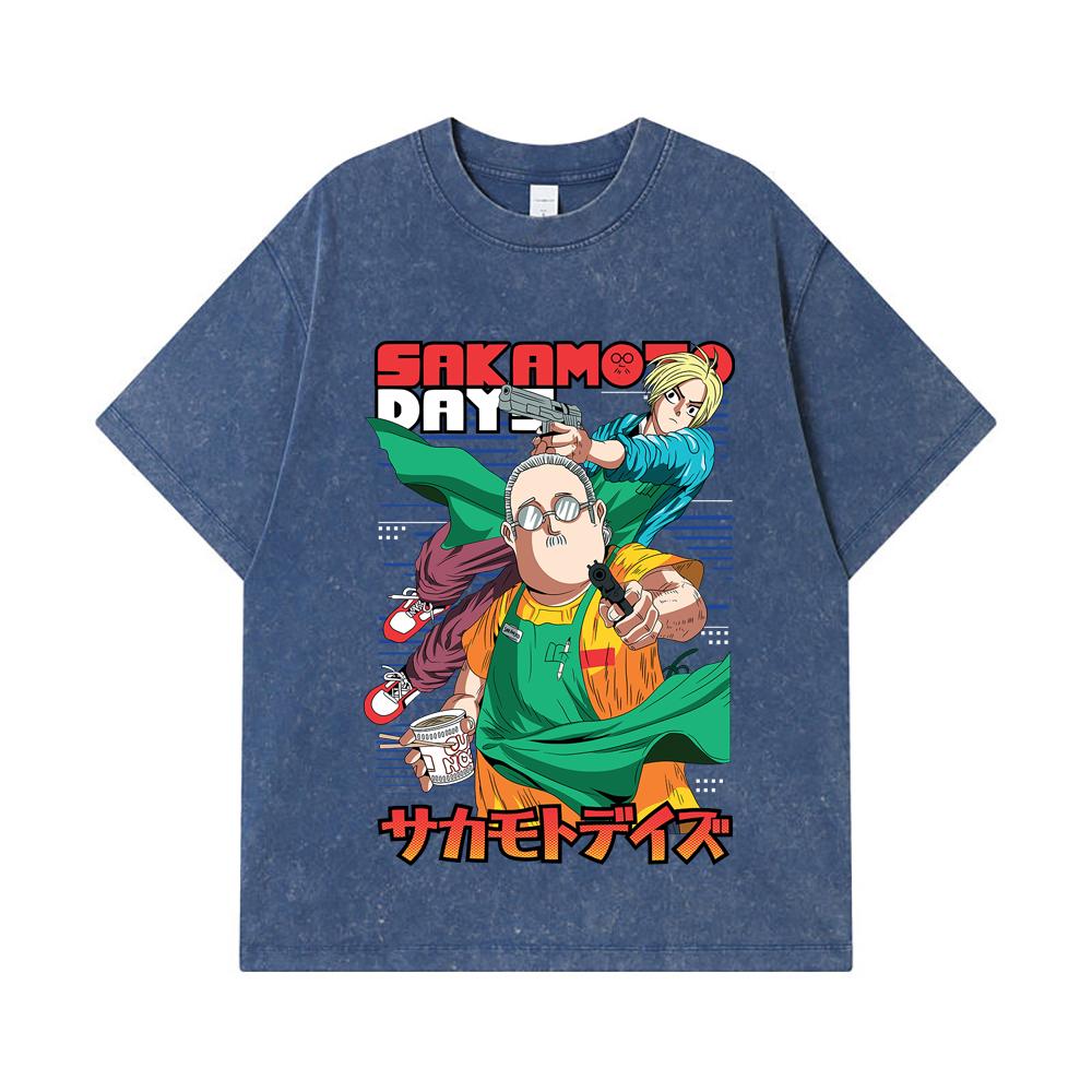

275 GSM Washed T-shirts 100% Cotton Sakamoto Days V3 Taro Shin Print Unisex Heavy Cotton T Shirt 2XL