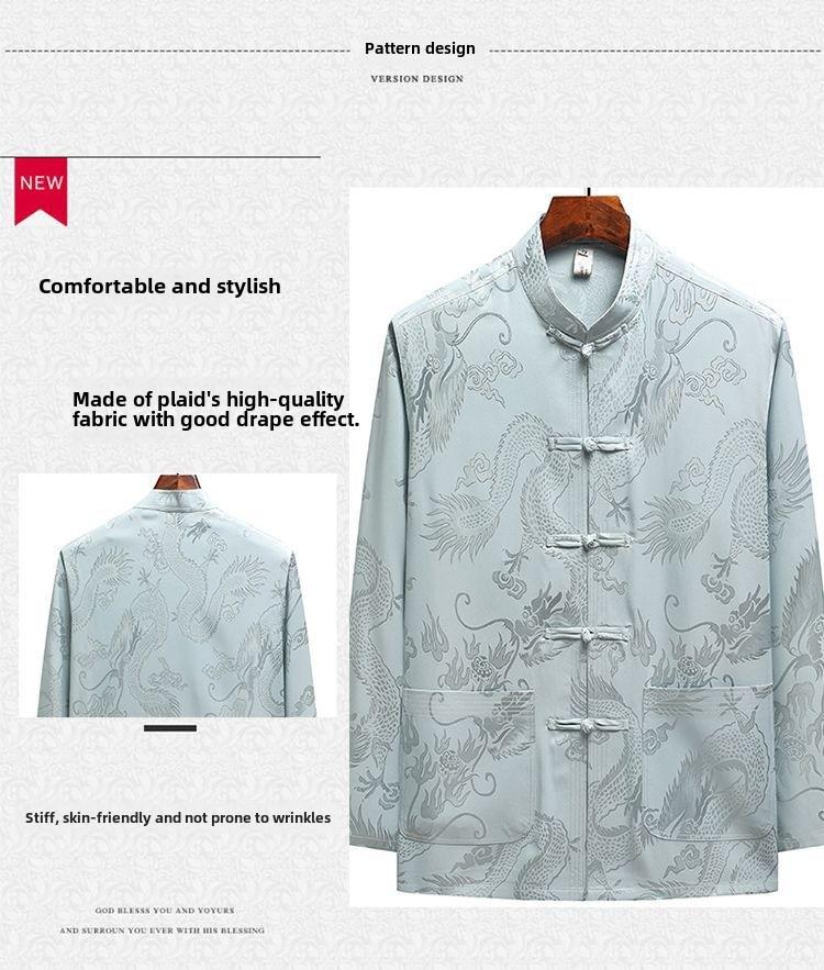 Men's Ice Silk Long-Sleeve Tang Suit: Chinese-Style Spring Hanfu for Older Adults, Loose Fit
