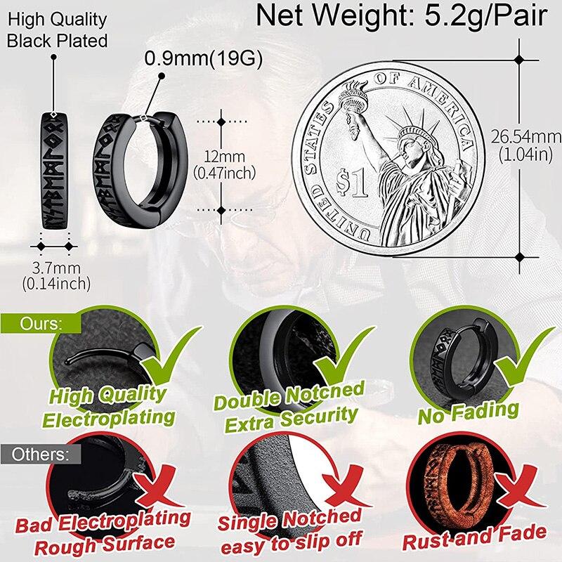 Pendientes de Aro Vikingos Noruegos de Acero Inoxidable Para Hombre Mujer Unisex 12 Mm Huggie Aro Pendiente Religioso Joyería