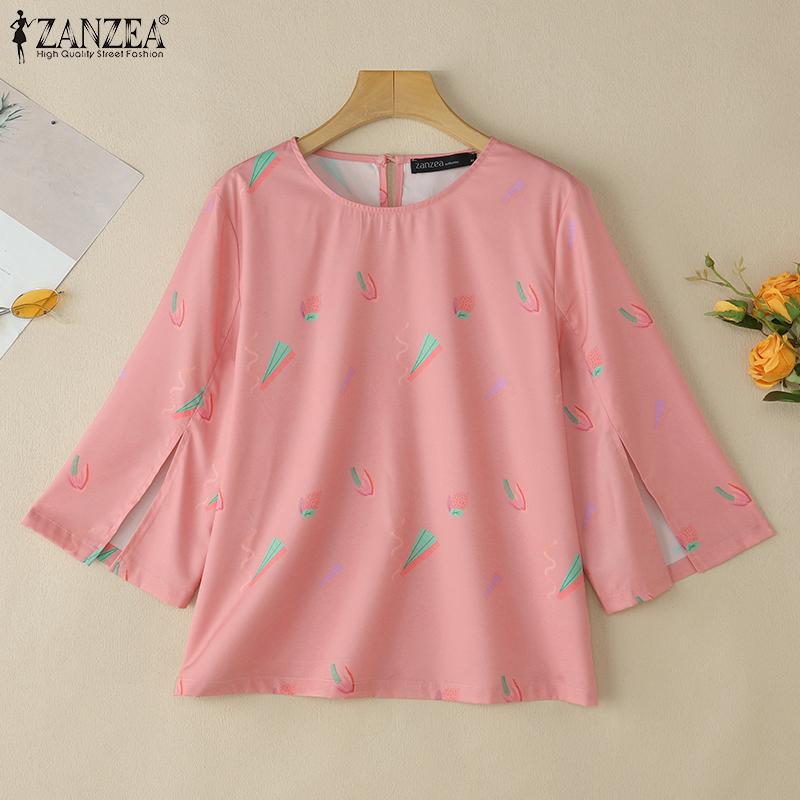 ZANZEA Women Casual O-neck 3/4 Sleeve Loose Print Blouse