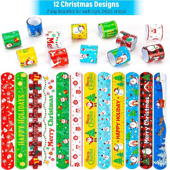 Mibor 48Pcs Christmas Slap Bracelets Christmas Silicone Bracelets, Christmas Classroom Gifts, Xmas Slap Wristbands Rubber Wristbands for Kids Girls