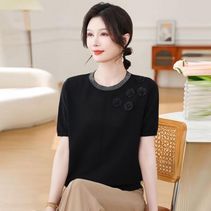 

Женская летняя футболка из ледяного шелка для миниатюрных: С коротким рукавом, круглый вырез для среднего и пожилого возраста 3XL (130-140 jin) чёрный