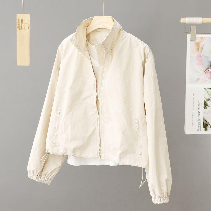 Women's High Collar Spring & Autumn Windbreaker: Lightweight, Solid Color, Short Cardigan - Fashionable Belly-Covering Jacket for 2025.