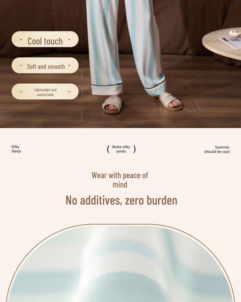 Ice Silk Cool Women’s Long Sleeve Pajama Set with Cute Stripes for Spring and Autumn