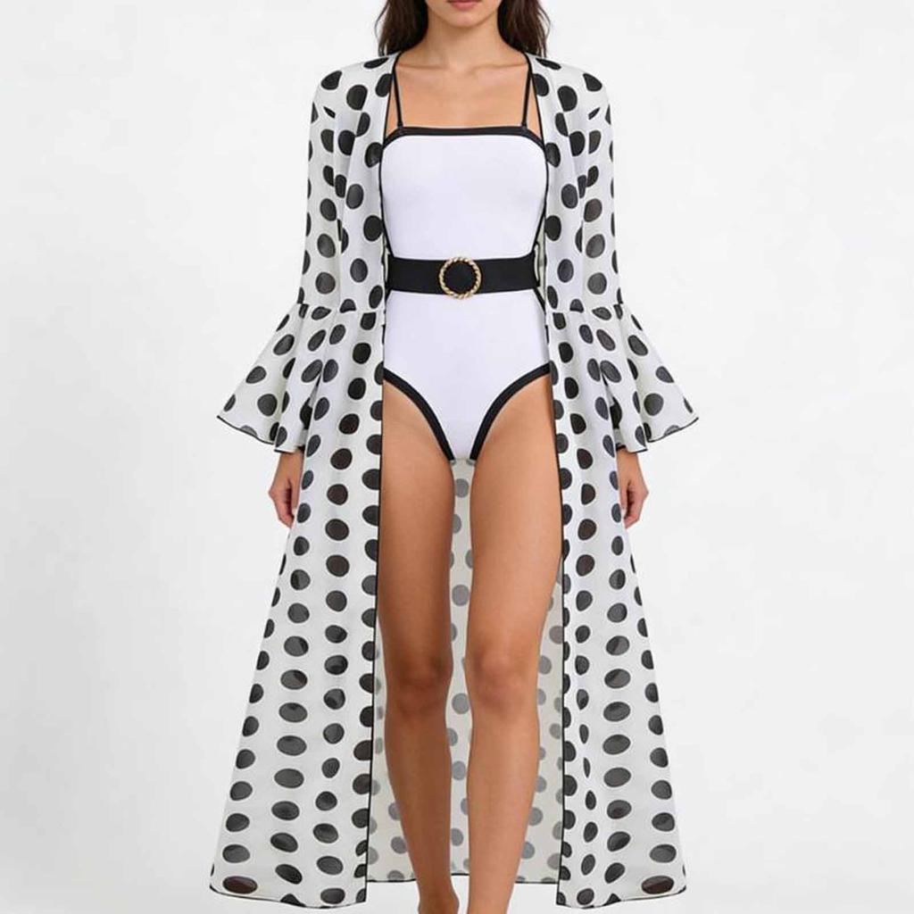 One Piece Swimsuit with Adjustable Straps and Belted Waist Plus Sheer Chiffon Polka Dot Cover Up for Women Beachwear Set