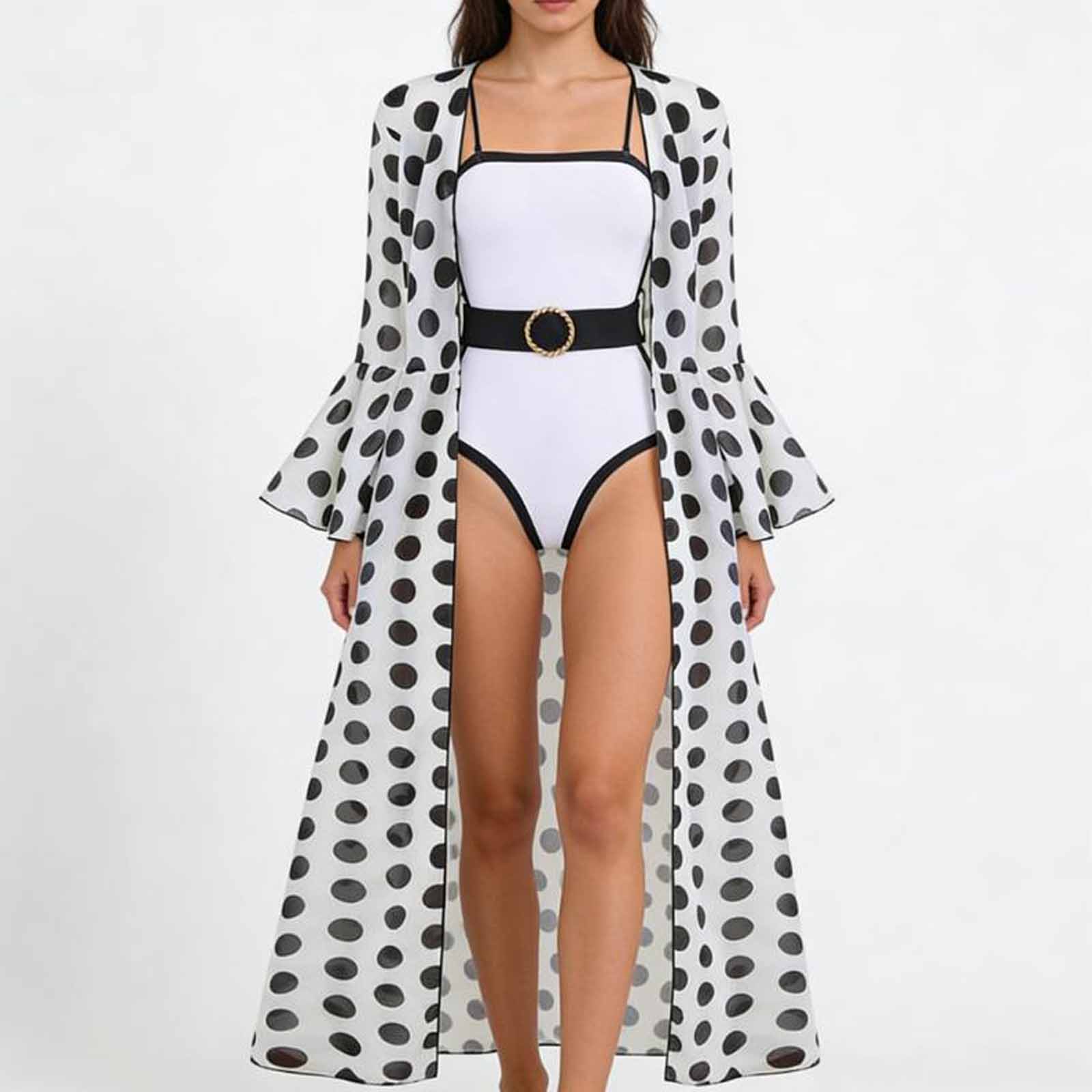 

Black Fashion Swimwear for Women, Belted Waist with Chiffon Top, Bathing Suit M