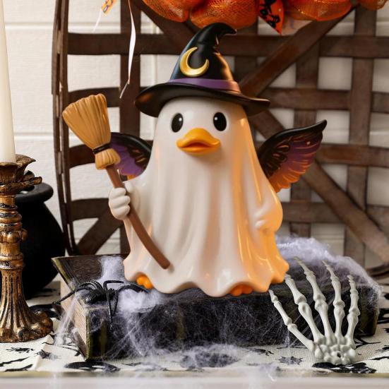 Halloween Witch Ghost Figurine with Candy Corn Pumpkin Decor Ghost Duck Halloween Resin Statue Halloween Decor