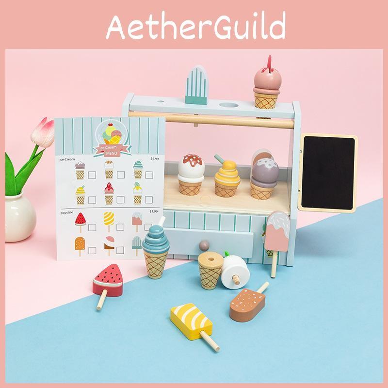 Simulation Wooden Fun Ice Cream Shelf Model Children Toy Set For Playing Role