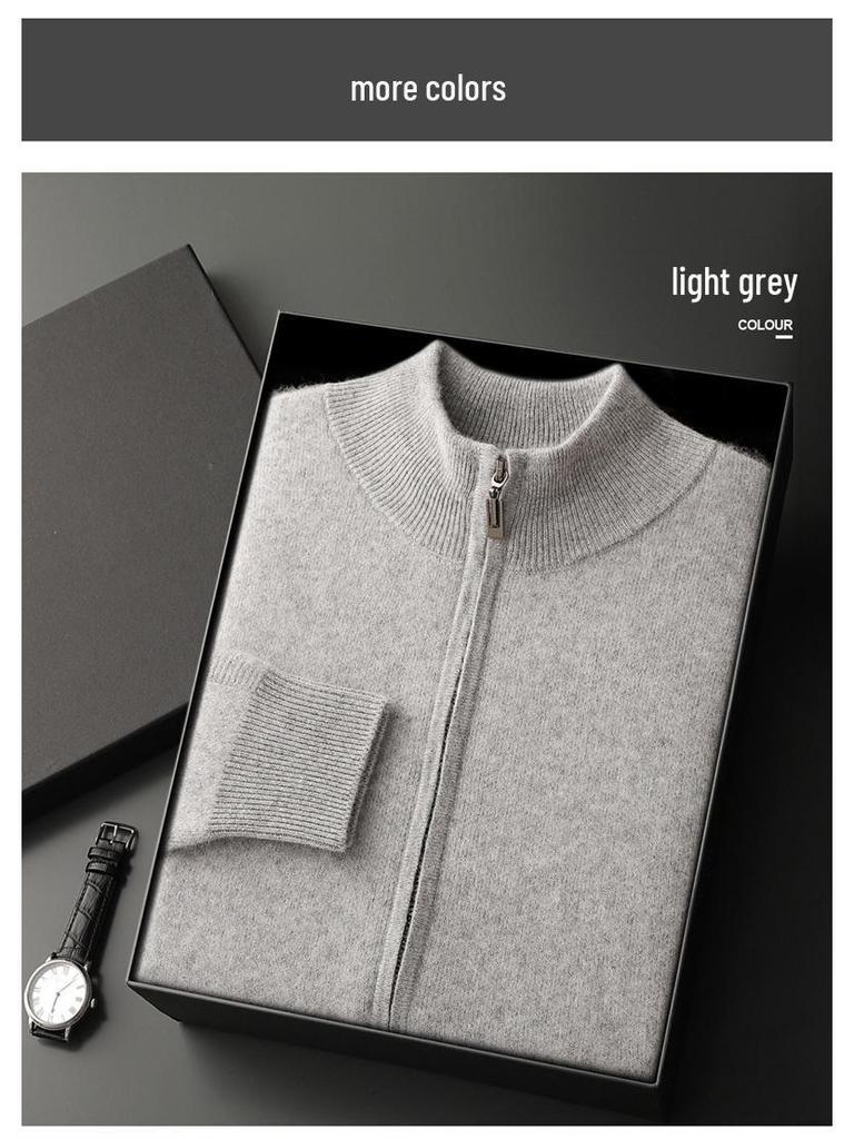 Siping Men's Thick Cashmere Cardigan, Zipper Stand Collar, Warm Knit Outerwear, Business Casual Wool Sweater