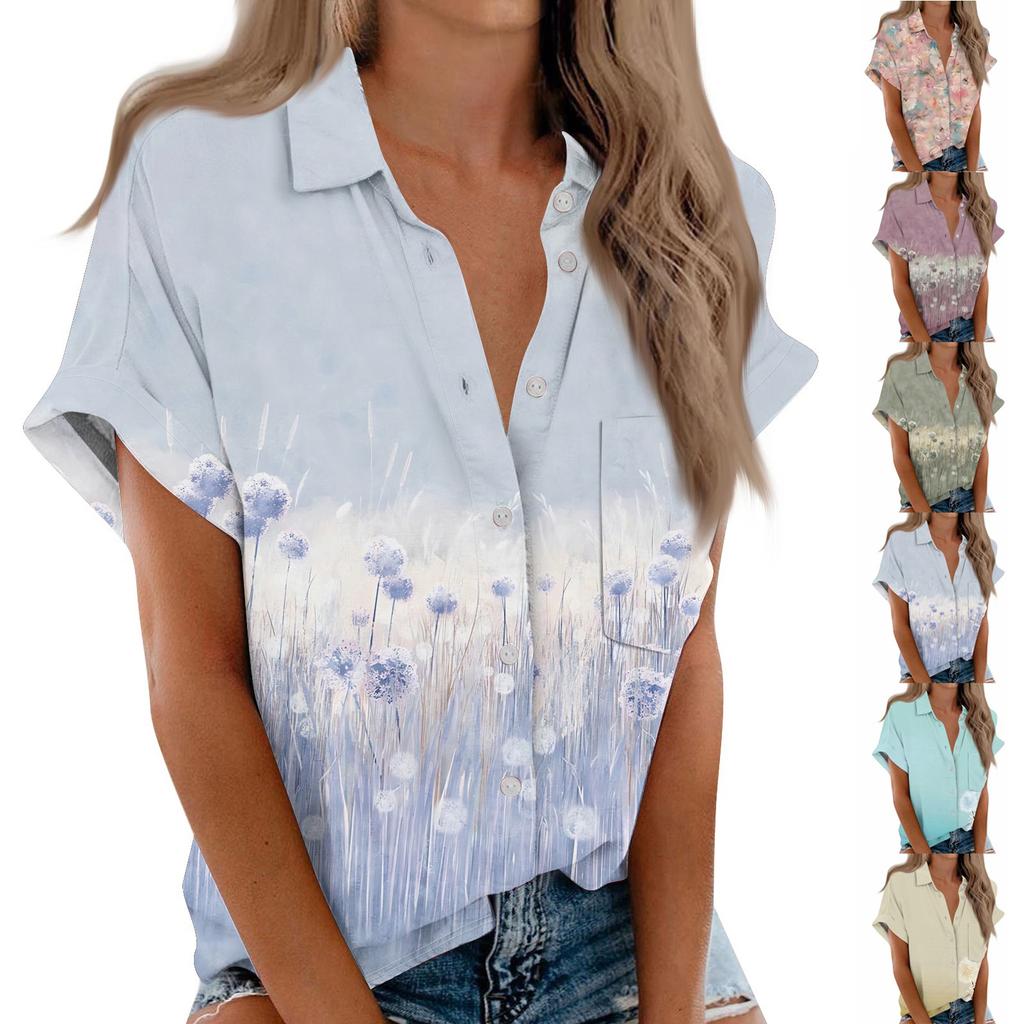 Dámská košile s krátkým rukávem, denní módní top s potištěným knoflíkem, kardigan s kapsou na hrudi
